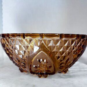 Vtg Footed Amber Glass Bowl Roses Fleur de Lis Diamonds KIG Indonesia Grannycore